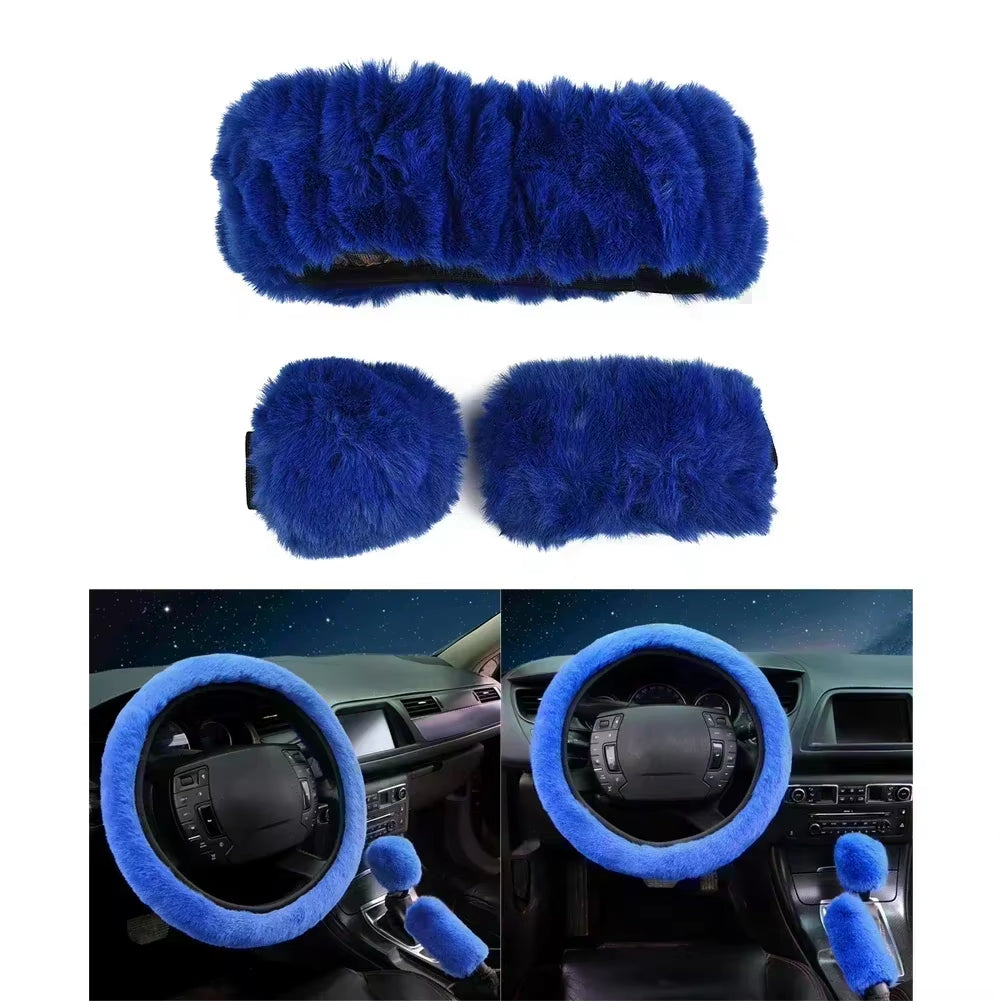 3-Piece Cozy Faux Wool Steering Wheel Cover Set - Soft & Fluffy Plush Auto Accessories for Ultimate Comfort