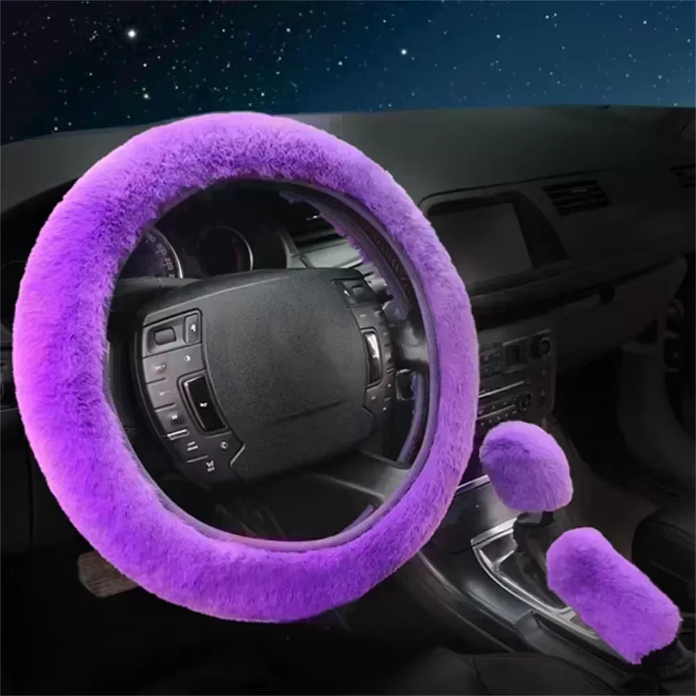 3-Piece Cozy Faux Wool Steering Wheel Cover Set - Soft & Fluffy Plush Auto Accessories for Ultimate Comfort
