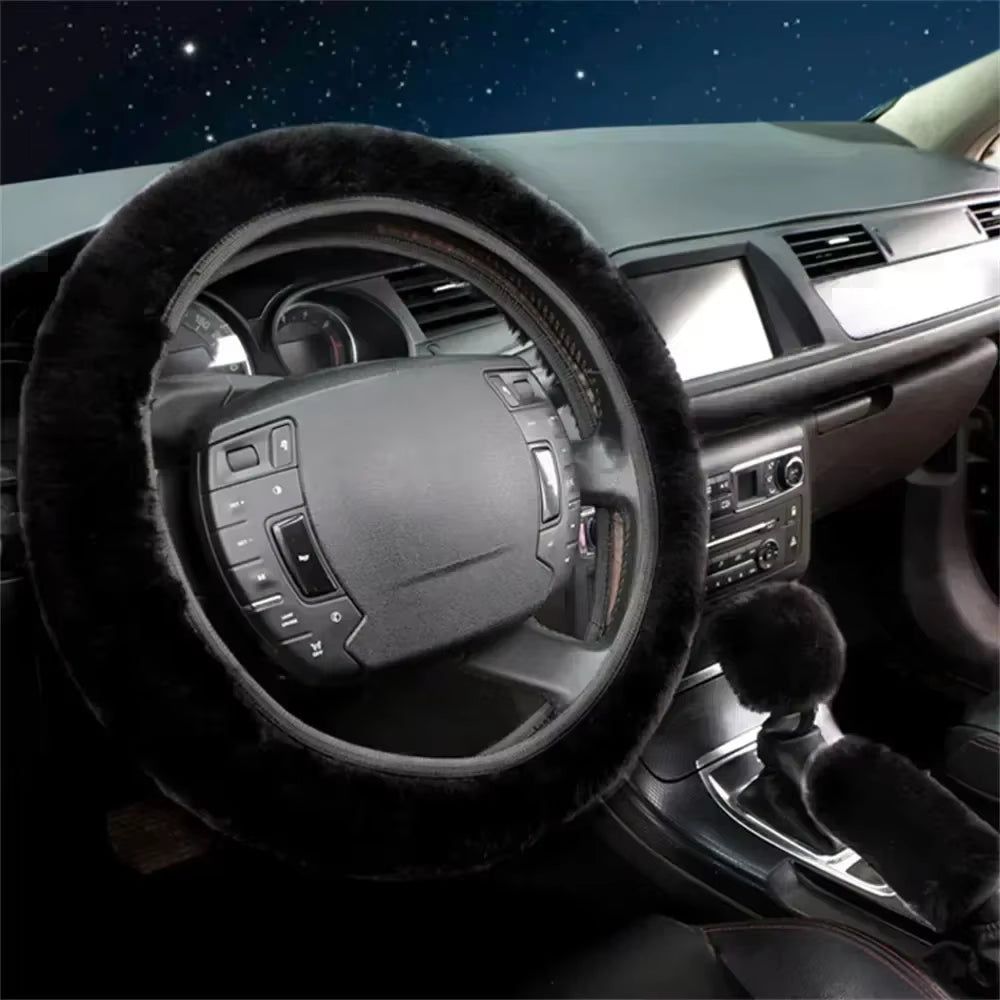 3-Piece Cozy Faux Wool Steering Wheel Cover Set - Soft & Fluffy Plush Auto Accessories for Ultimate Comfort