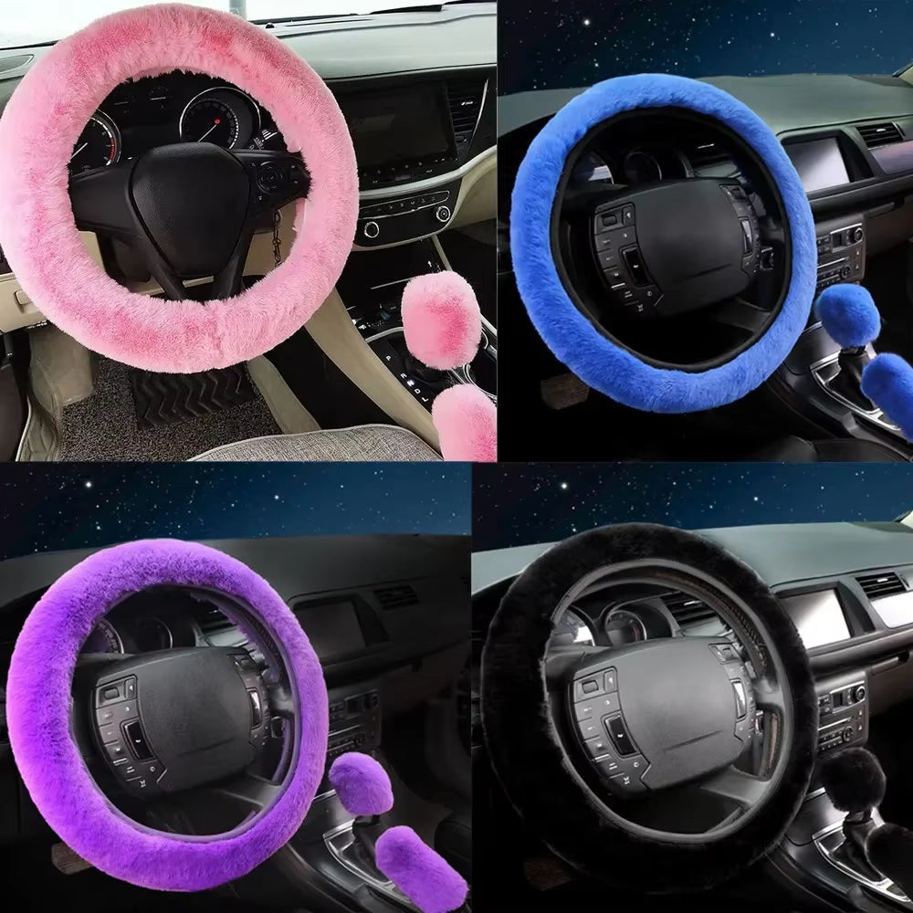 3-Piece Cozy Faux Wool Steering Wheel Cover Set - Soft & Fluffy Plush Auto Accessories for Ultimate Comfort