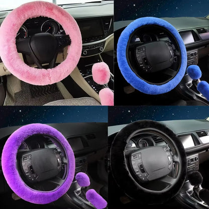 3-Piece Cozy Faux Wool Steering Wheel Cover Set - Soft & Fluffy Plush Auto Accessories for Ultimate Comfort
