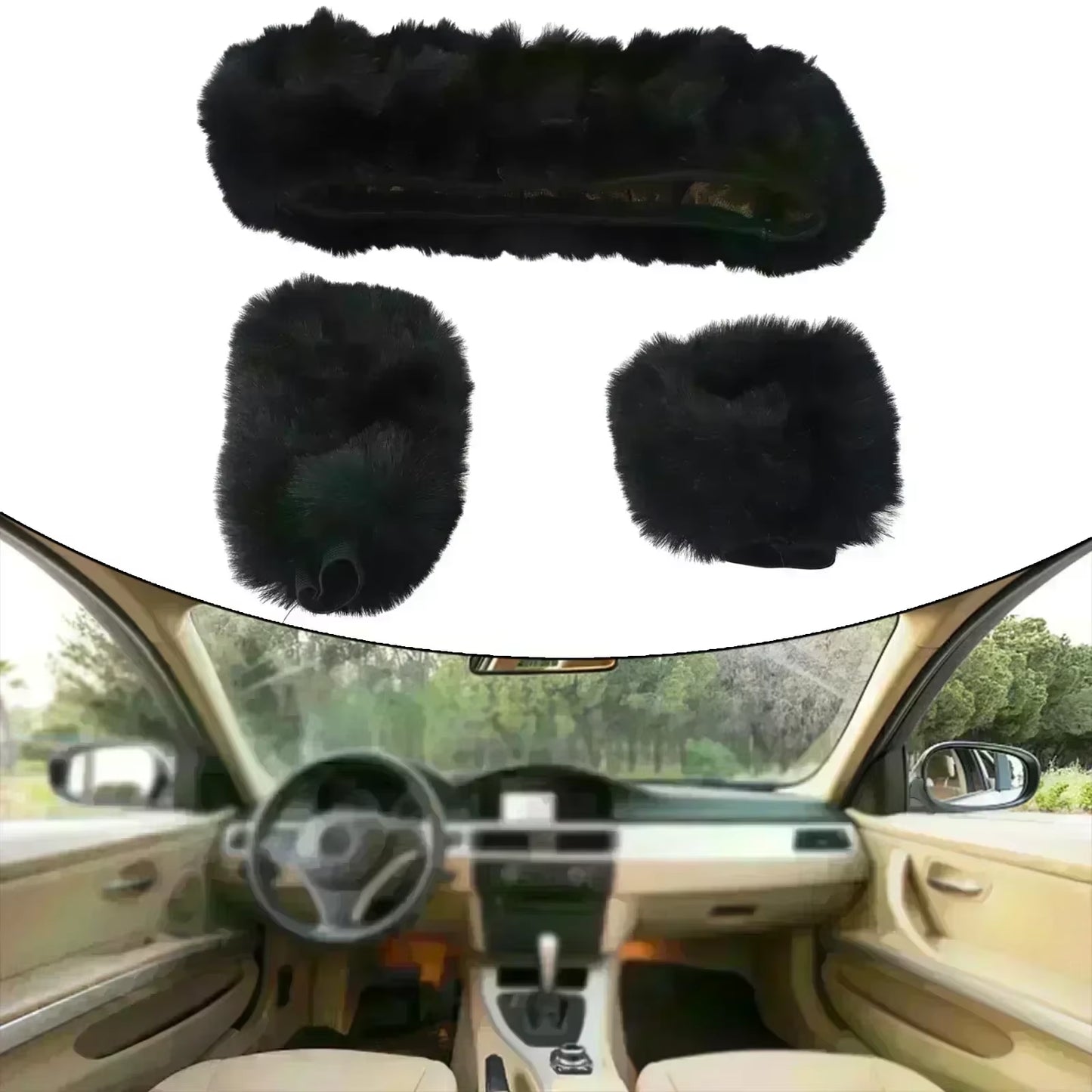 3-Piece Cozy Faux Wool Steering Wheel Cover Set - Soft & Fluffy Plush Auto Accessories for Ultimate Comfort