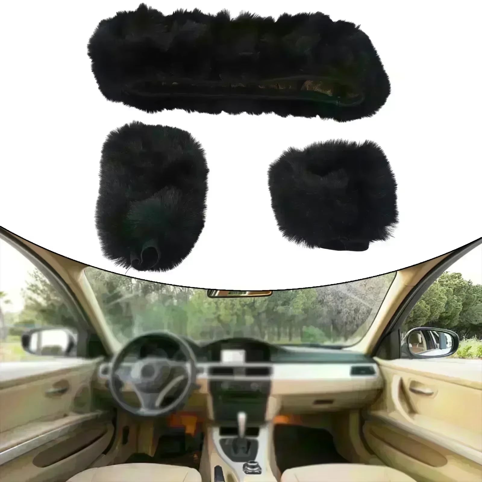 3-Piece Cozy Faux Wool Steering Wheel Cover Set - Soft & Fluffy Plush Auto Accessories for Ultimate Comfort